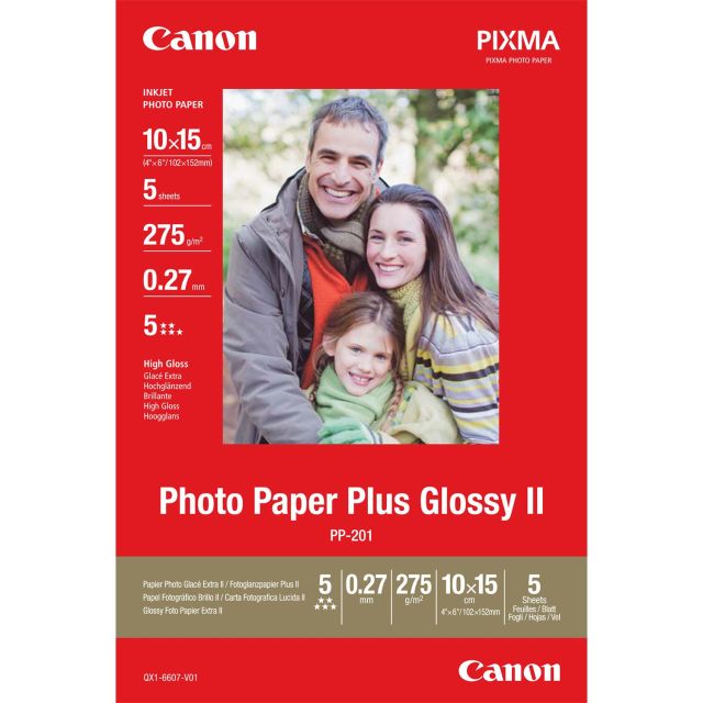 Fotopapír 10x15cm Canon Plus Glossy II, 5 listů, 275 g/m², lesklý, bílý, inkoustový (PP-201)