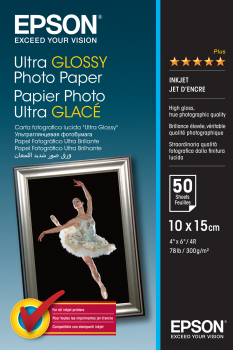 Fotopapír 10x15cm Epson Ultra Glossy, 50 listů, 300 g/m², lesklý, bílý, inkoustový (C13S041943)
