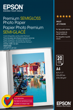 Fotopapír A4 Epson Premium Semigloss, 20 listů, 251 g/m², pololesklý, bílý, inkoustový (C13S041