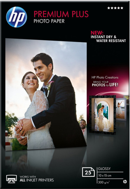 Fotopapír 10x15cm HP Premium Plus Glossy, 25 listů, 300 g/m², lesklý, bílý, inkoustový, bez okr