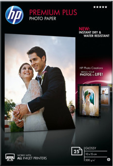 Fotopapír 10x15cm HP Premium Plus Glossy, 25 listů, 300 g/m², lesklý, bílý, inkoustový, bez okraje (CR677A)