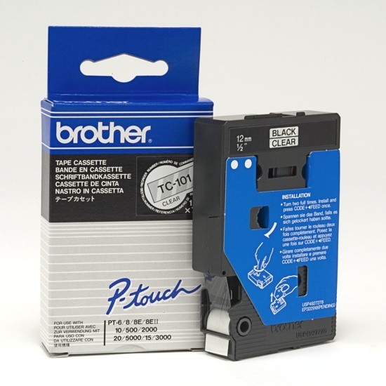 Originální páska Brother TC-101, 12mm, černý tisk na průsvitném podkladu