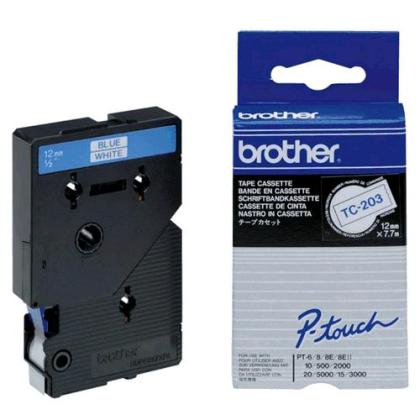 Originální páska Brother TC-203, 12mm, modrý tisk na bílém podkladu