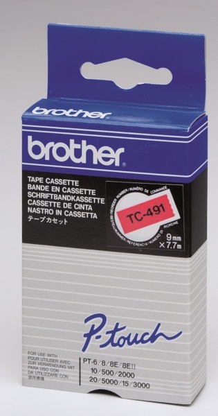 Originální páska Brother TC-491, 9mm, černý tisk na červeném podkladu