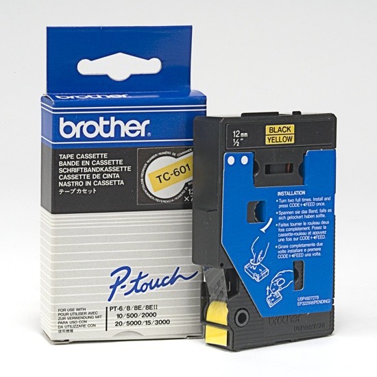 Originální páska Brother TC-601, 12mm, černý tisk na žlutém podkladu