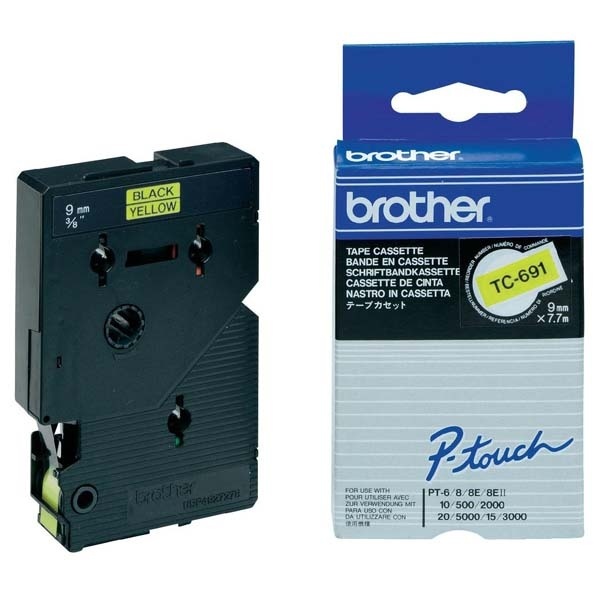 Originální páska Brother TC-691, 9mm, černý tisk na žlutém podkladu