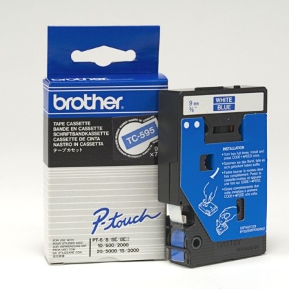 Originální páska Brother TC-595, 9mm, bílý tisk na modrém podkladu