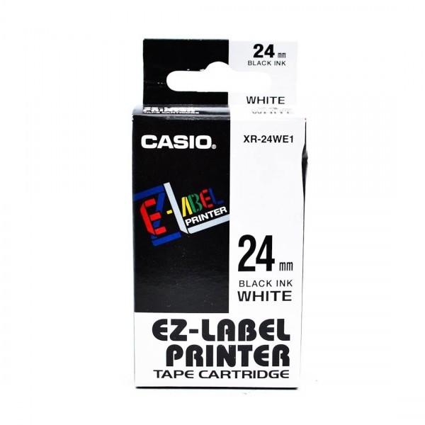 Originální páska Casio XR-24WE1, 24mm, černý tisk na bílém podkladu