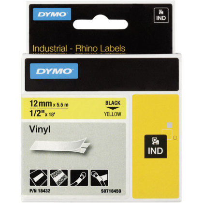 Originální páska DYMO 18432 (S0718450), 12mm, černý tisk na žlutém podkladu, vinylová